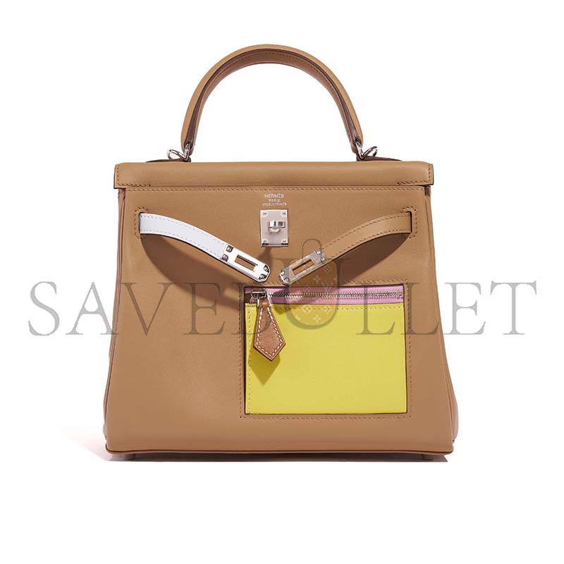 HERMÈS MASTER KELLY 25 SWIFT COLORMATIC CHAI MAUVE BLEU BRUME JAUNE DE NAPLES (25*17*7cm)